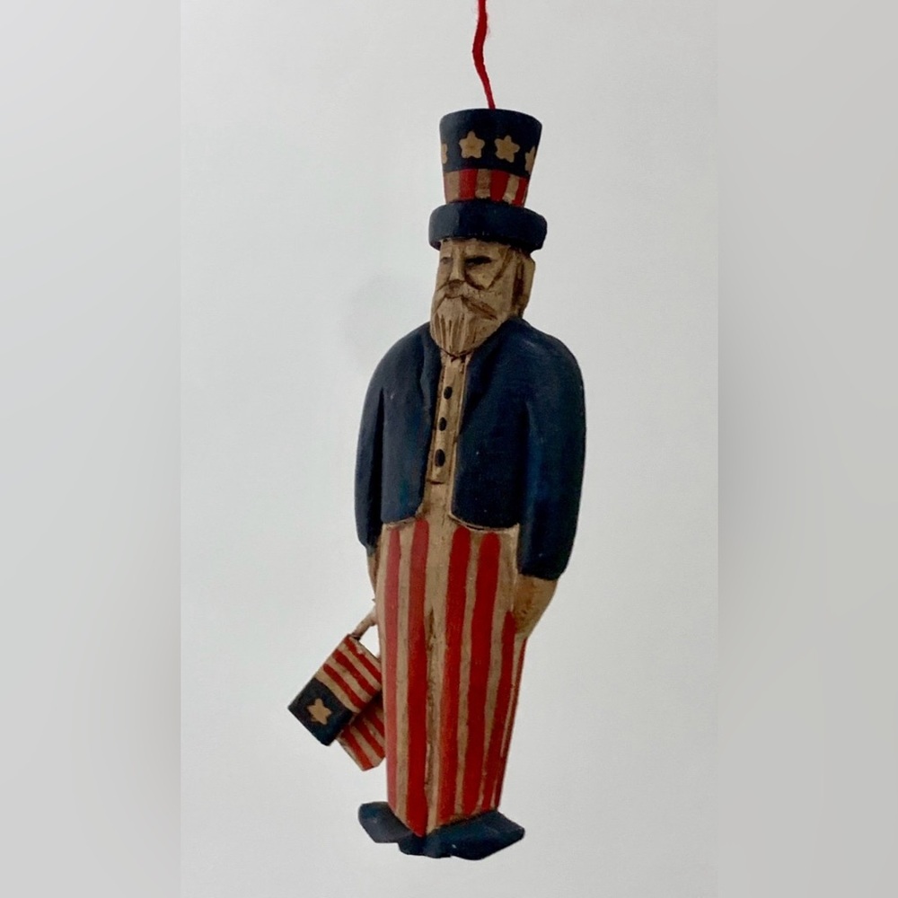 Vintage Hand Made Painted Weathered Wooden  Uncle Sam Flag Christmas Ornament